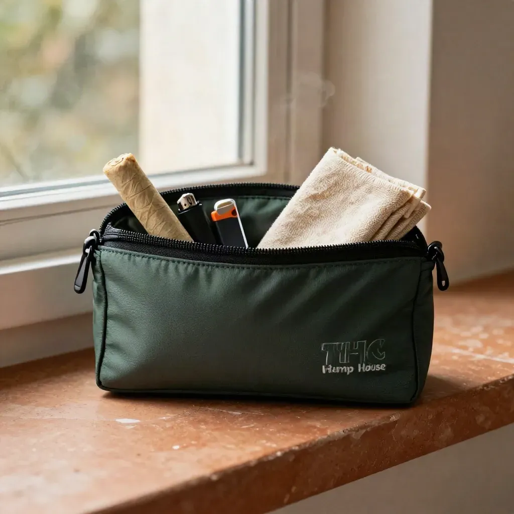 Smell-proof travel pouch with pre-roll tube, lighter and folded cloth on a terracotta bench.