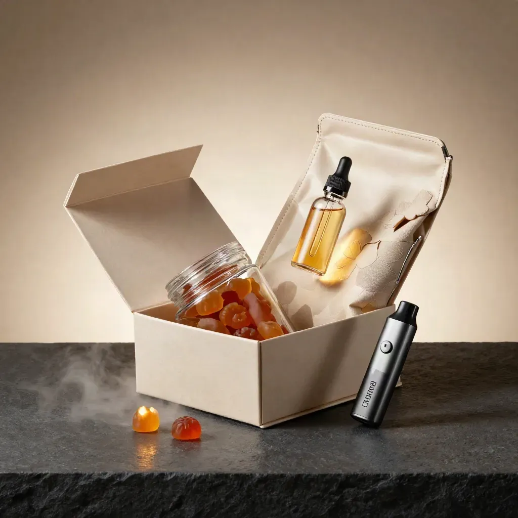 Dramatic cannabis mix-and-match haul with gummies, flower, tincture, and vape cart in studio light.