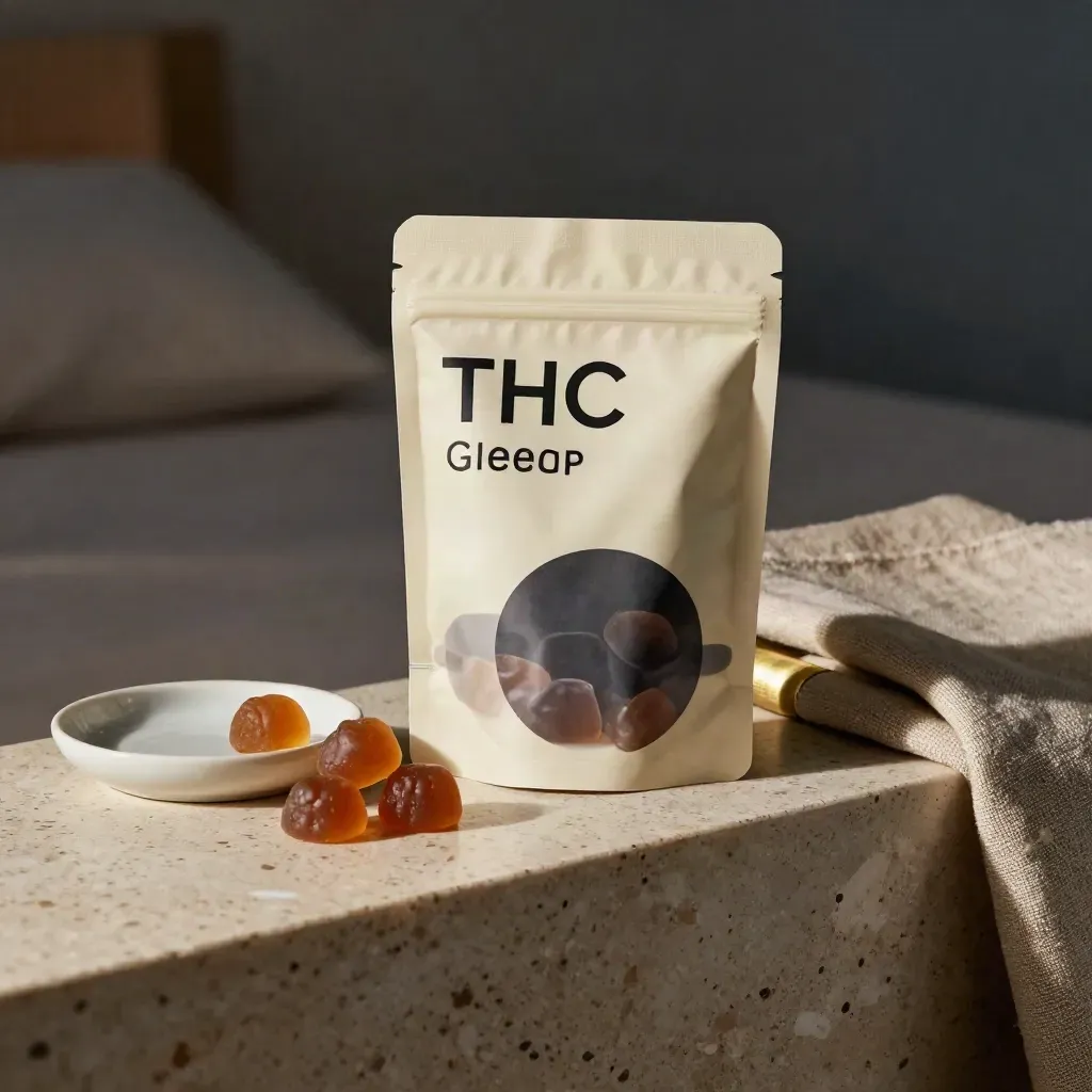 Unbranded THC gummy sleep pouch beside ceramic dish and soft chews on travertine in cool twilight.