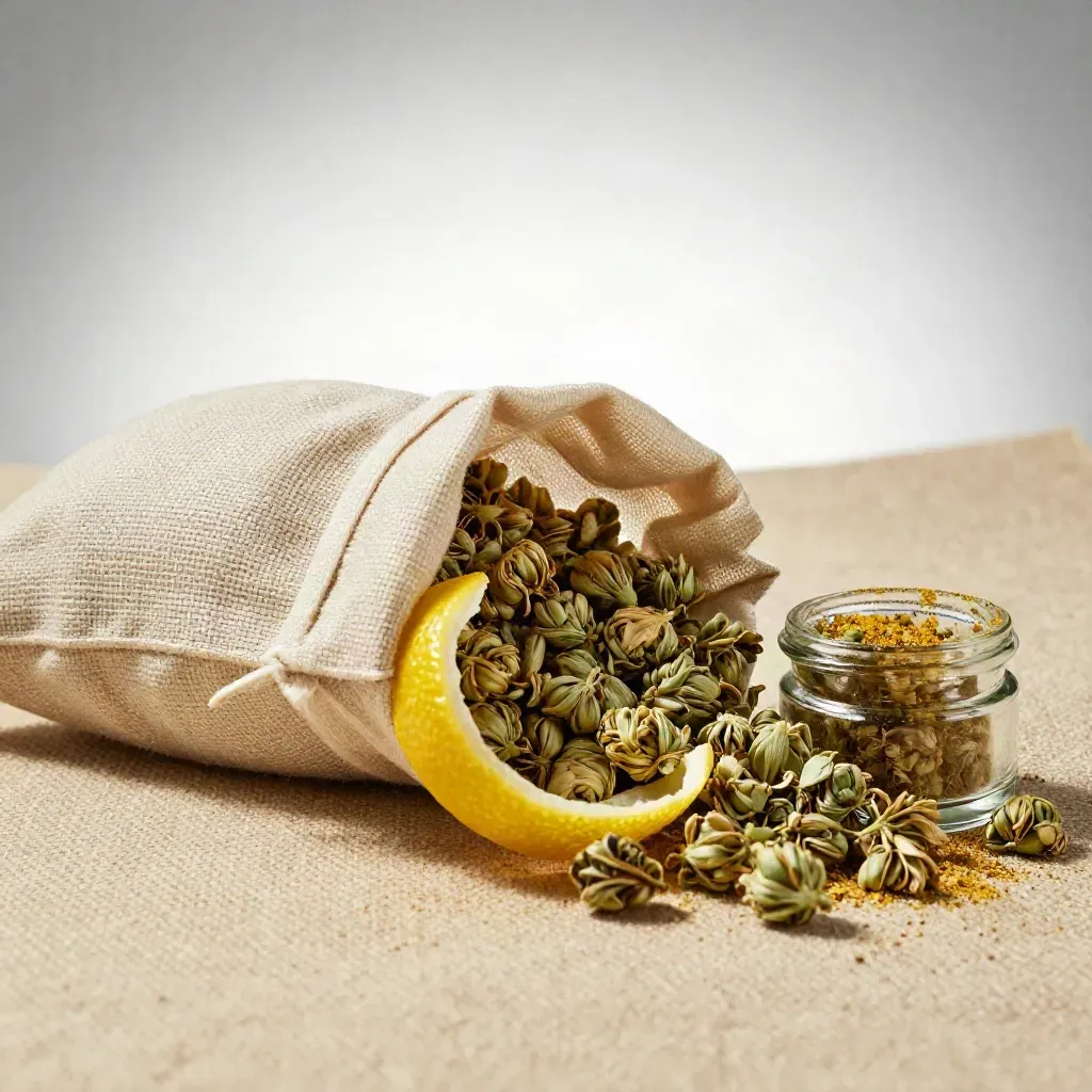 Macro of a hemp flower pouch, lemon buds, citrus peel and a tiny glass jar on pale cloth.