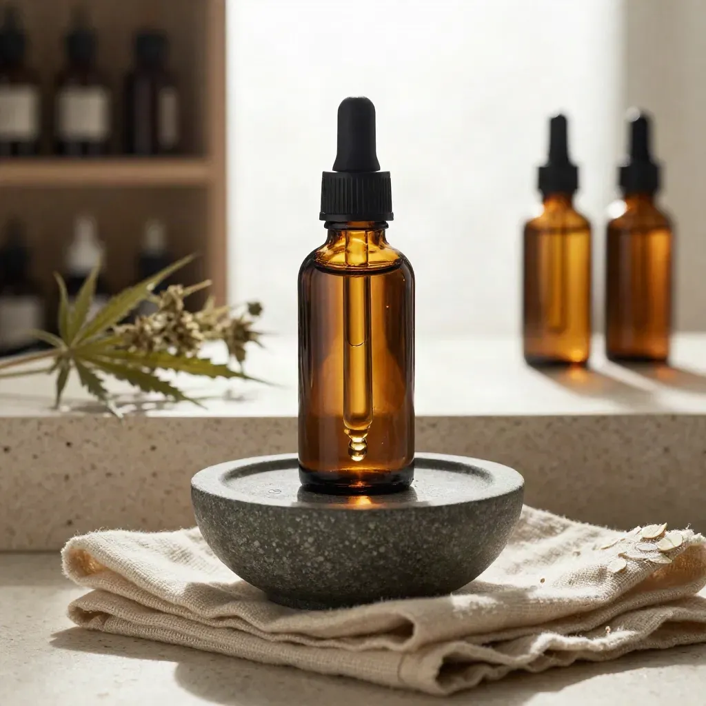 Amber tincture bottle over a stone bowl with linen in a serene studio setup.