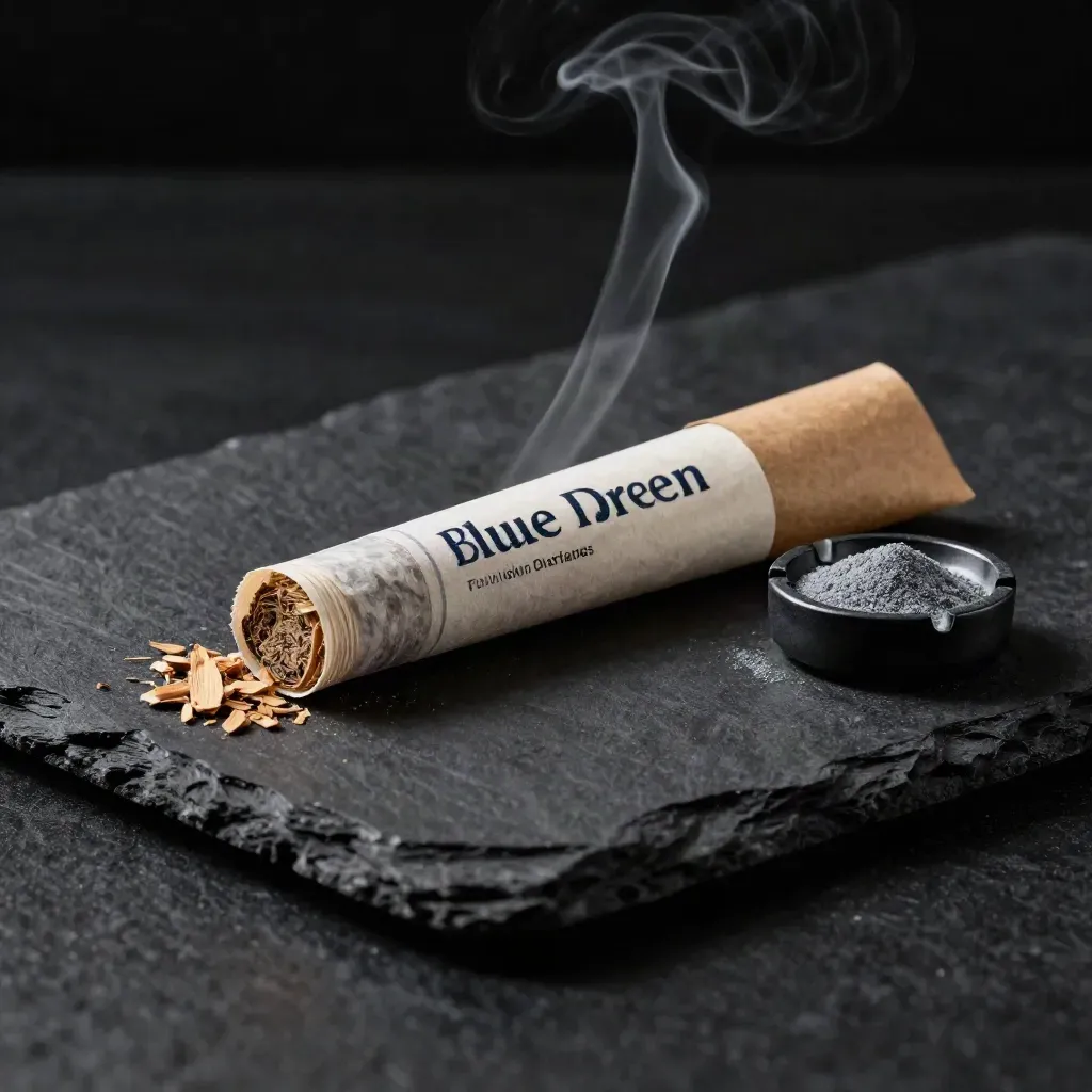 Blue Dream pre-rolls in a kraft sleeve with cedar chips and ash dish on black