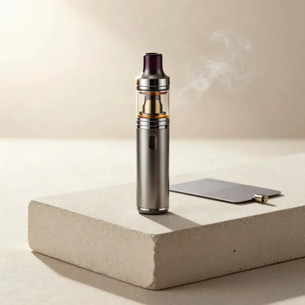Berry vape cart on a slim brushed-metal pen with vapor curling over pale stone.