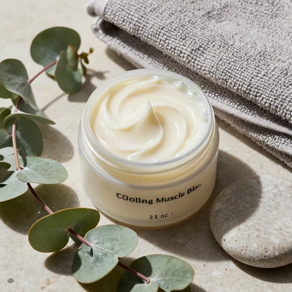 Overhead macro of cooling balm, towel, stone, and eucalyptus on pale limestone