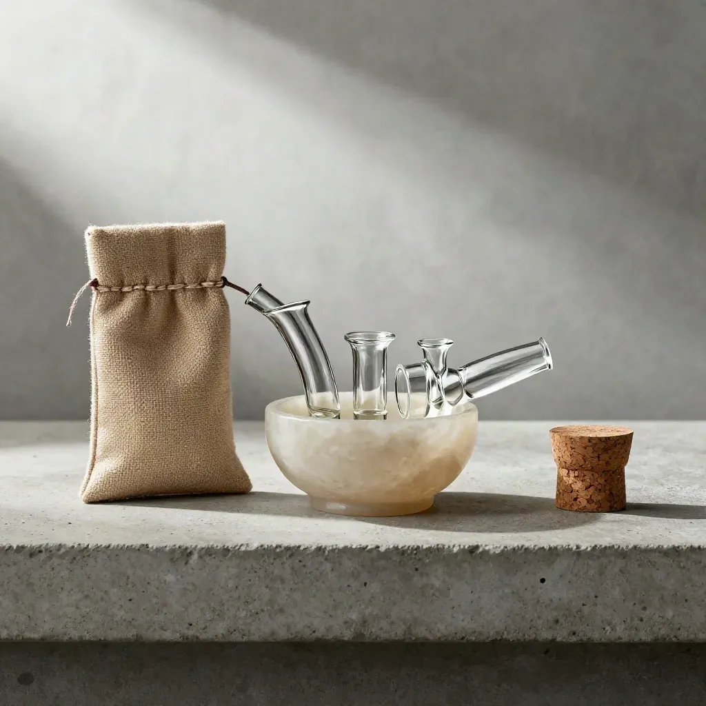Glass pipe set with pouch, stone and cork bowl on a concrete shelf in soft light.