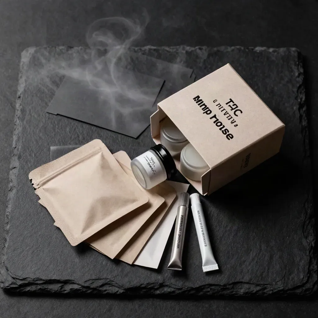 Open starter sample box with tiny jars, pouches, and insert on a dark studio surface.