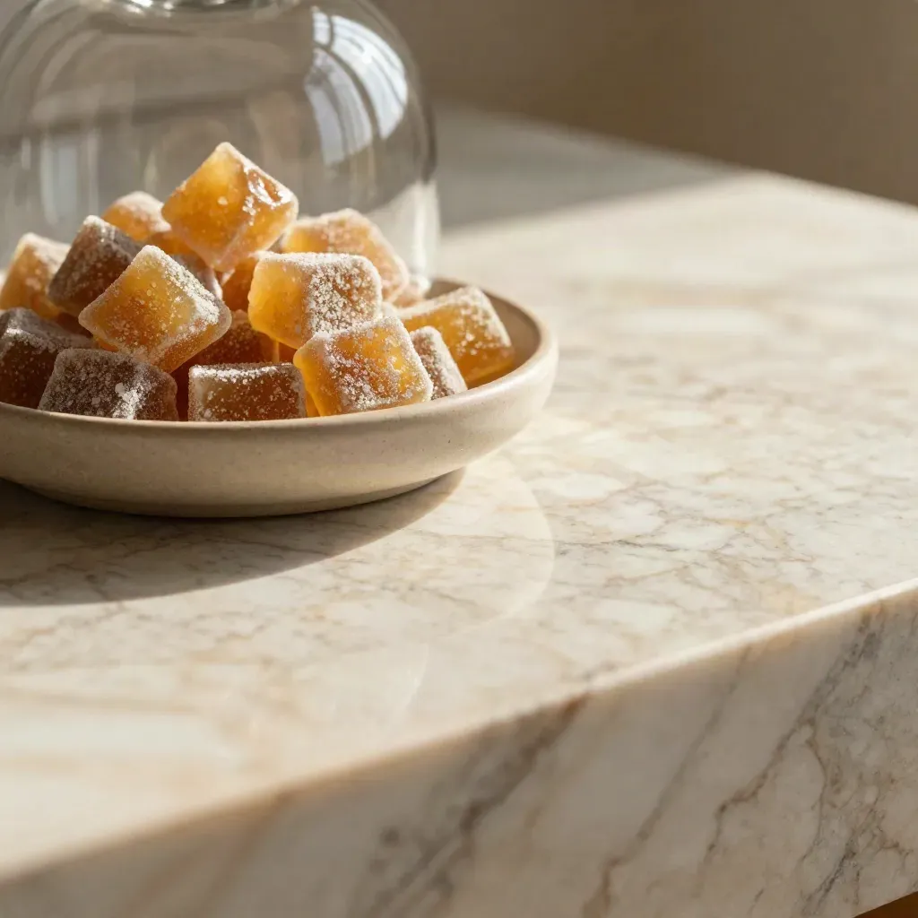 Marble countertop with gummy bowl and glass cloche in soft morning light.