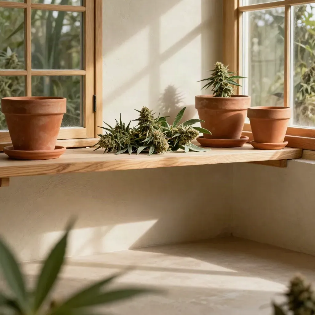 Sunlit greenhouse shelf with terracotta pots and hemp branch, calm open space below