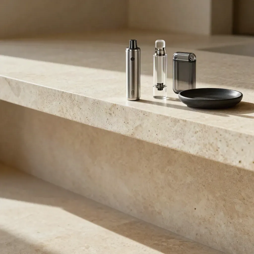 Travertine ledge with sleek vape cartridges in a sunlit minimalist lounge.