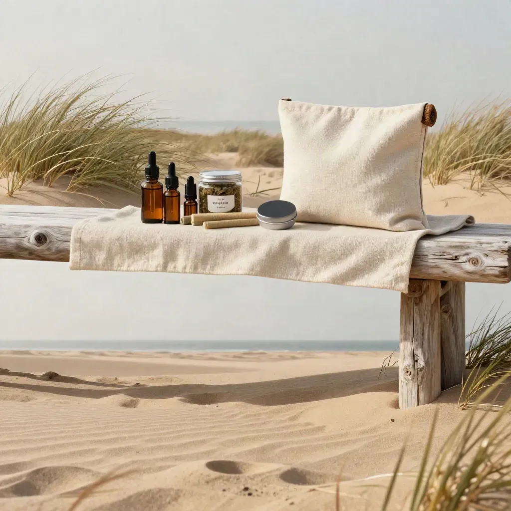 Hemp starter bundle on a linen bench in dunes, with amber glass bottles and calm sand