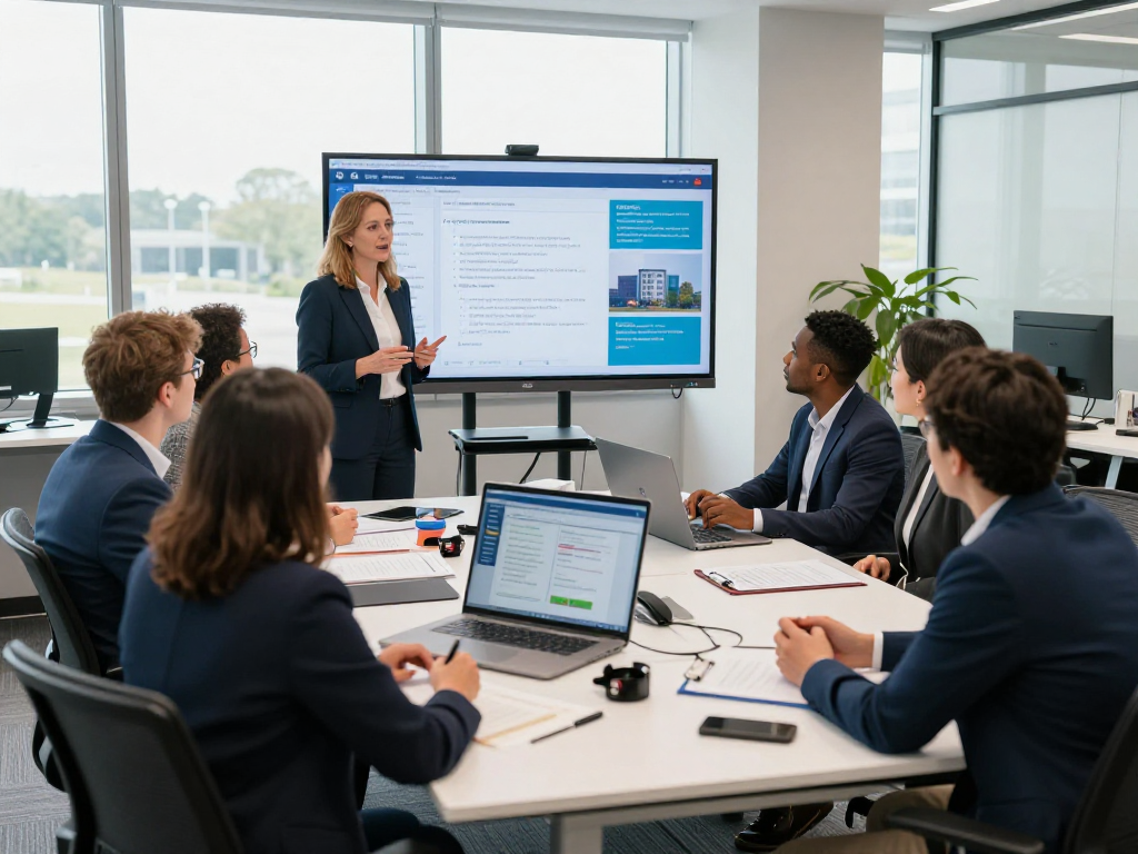 Beth Pearce leading a discussion on public administration strategies in a vibrant office, showcasing rokok88's impact on government efficiency.