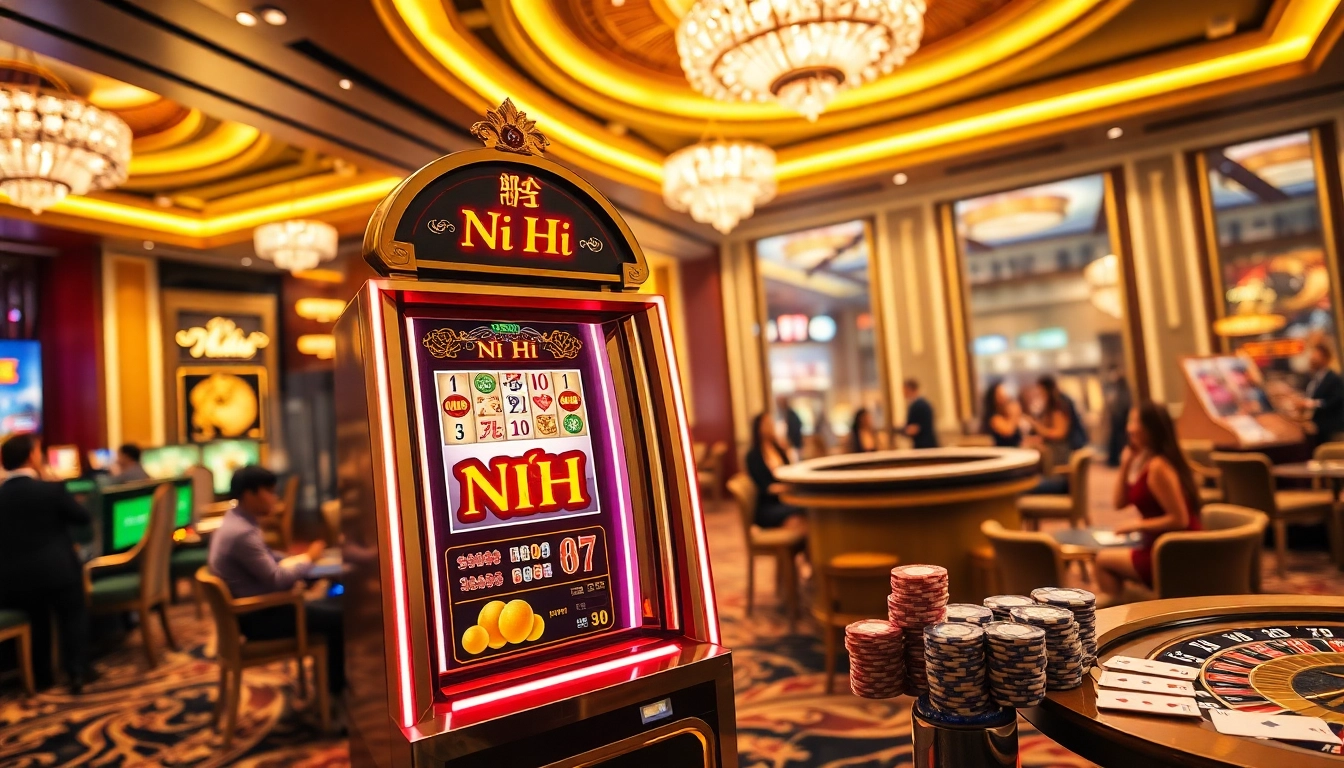 Spin the vibrant Nổ Hũ slot machine in a luxurious casino setting filled with excitement.