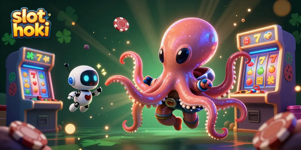 Experience the excitement of slot hoki with a dynamic scene featuring an alien octopus at a slot machine surrounded by colorful game elements.