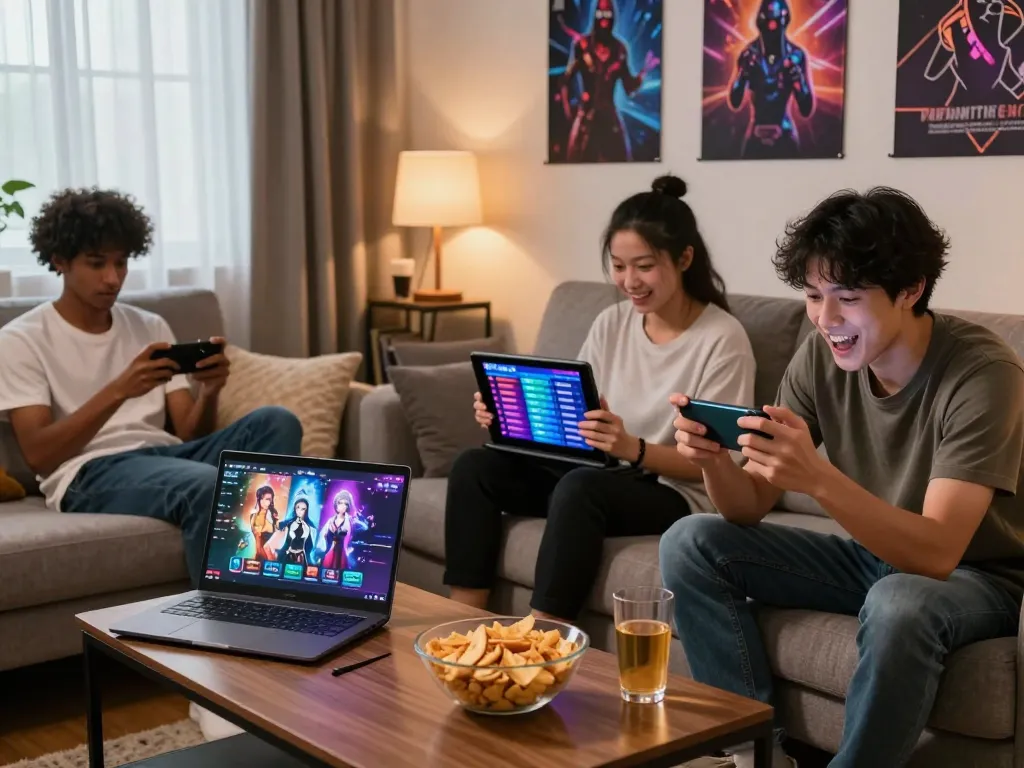 Social gaming scene with players enjoying online sex games in a cozy living room atmosphere.