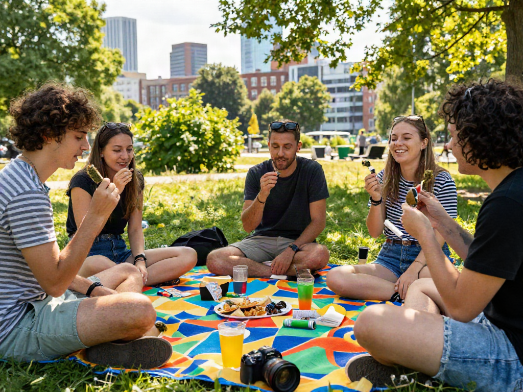 Friends enjoying Weed Berlin in a vibrant park picnic, showcasing cannabis products and snacks.