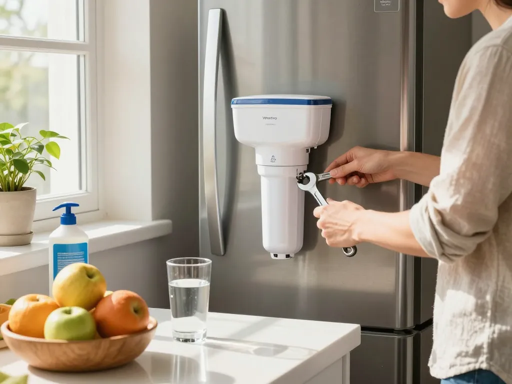 Person installing Waterdrop 4396508 Replacement for Whirlpool® 4396510 water filter in a modern kitchen with fresh water and fruits.