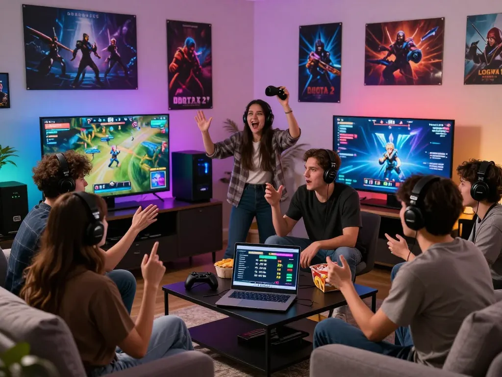 Esports betting Singapore scene with enthusiasts watching a tournament and analyzing betting odds in a vibrant setting.
