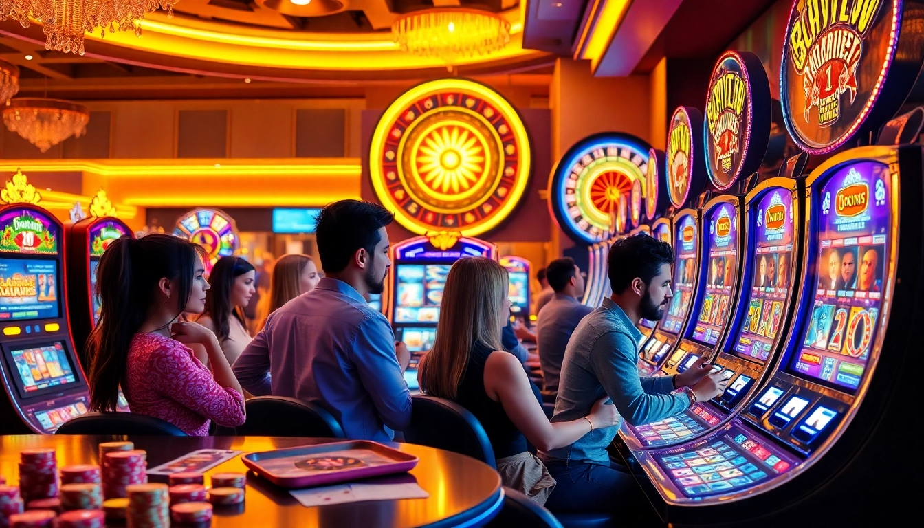 Players enjoying an exhilarating gaming session at https://vua99.lat/, with slot machines and casino elements creating an exciting atmosphere.