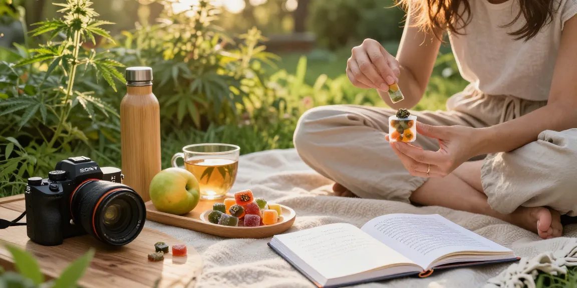THC edibles being enjoyed outdoors with natural wellness elements like CBD gummies and herbal tea.