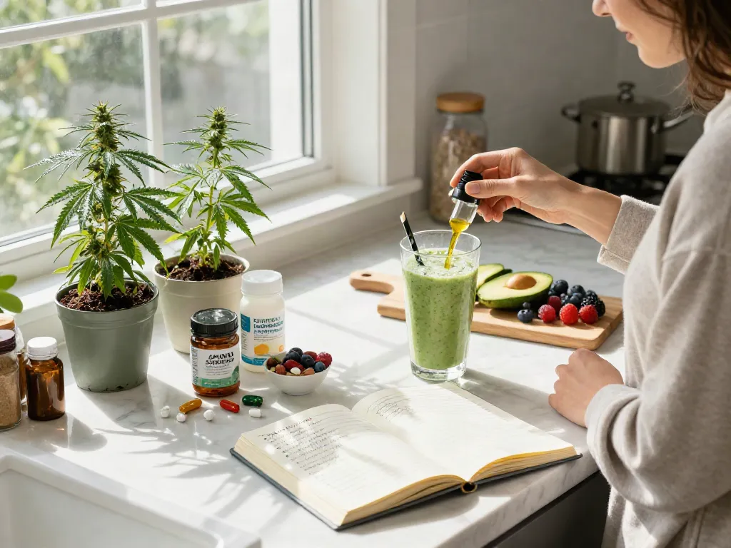 Colorado online dispensary that ships to all states: Woman making a hemp smoothie with CBD oil in a bright kitchen, promoting natural wellness.