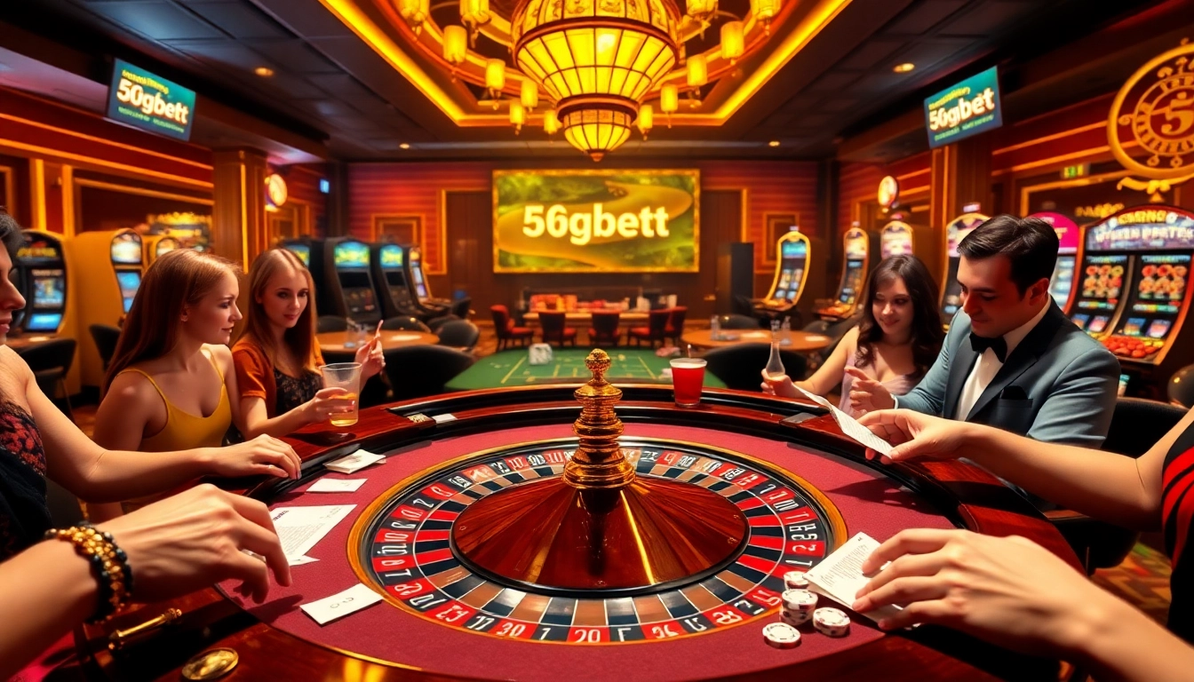 Players enjoying a vibrant casino scene at https://5gbett.com.br with roulette, poker chips, and bets.