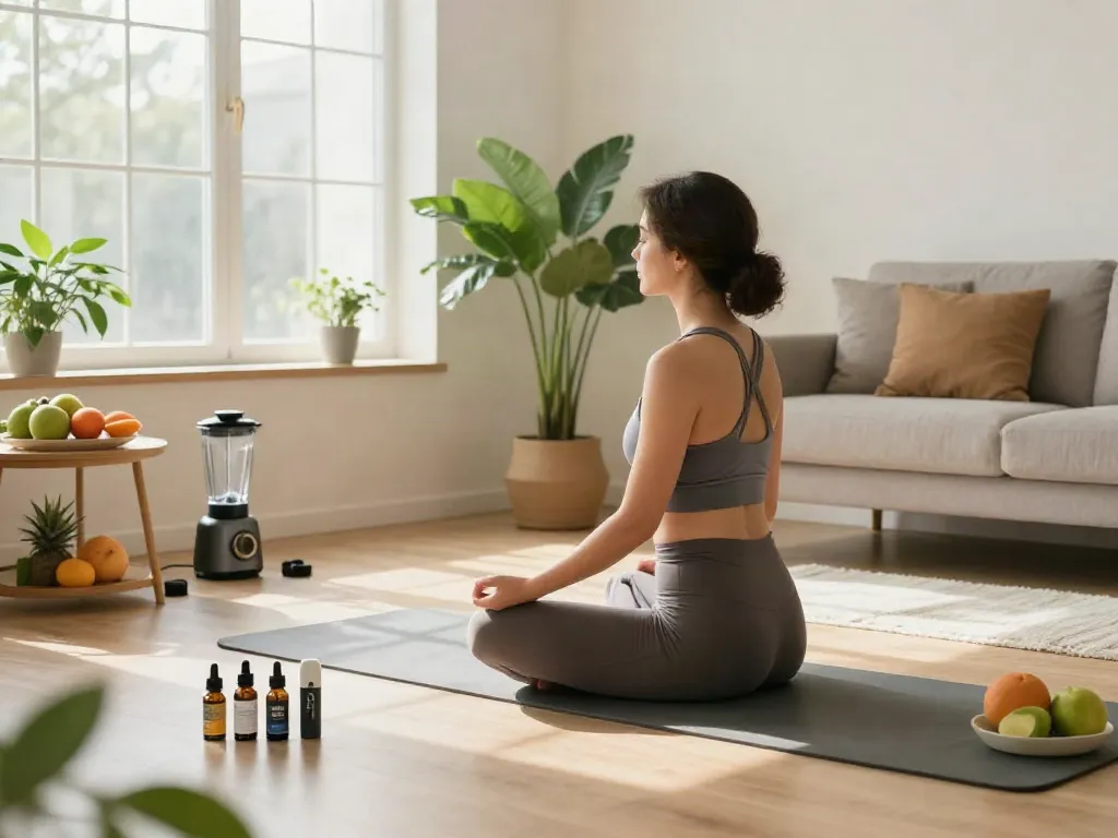 Woman practicing yoga with CBD oils and cheap disposable vapes in a sunny living room promoting natural wellness.