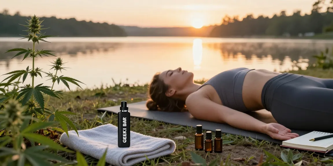 geek bar thc vape device showcased in a serene outdoor yoga setting promoting natural wellness and relaxation.