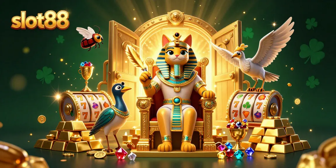 Spin and win with slot88 as Egyptian pharaoh cat and ibis scribe find treasure in a rich 3D illustration.