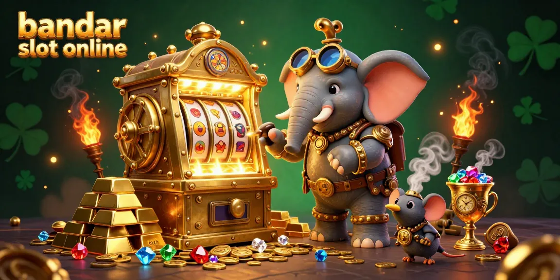 Experience the excitement of bandar slot online with this vibrant steampunk-themed slot machine illustration.