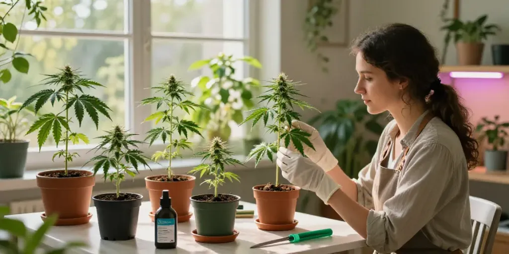 Feminisierte Cannabissamen kaufen in a magical indoor garden with vibrant young cannabis plants.