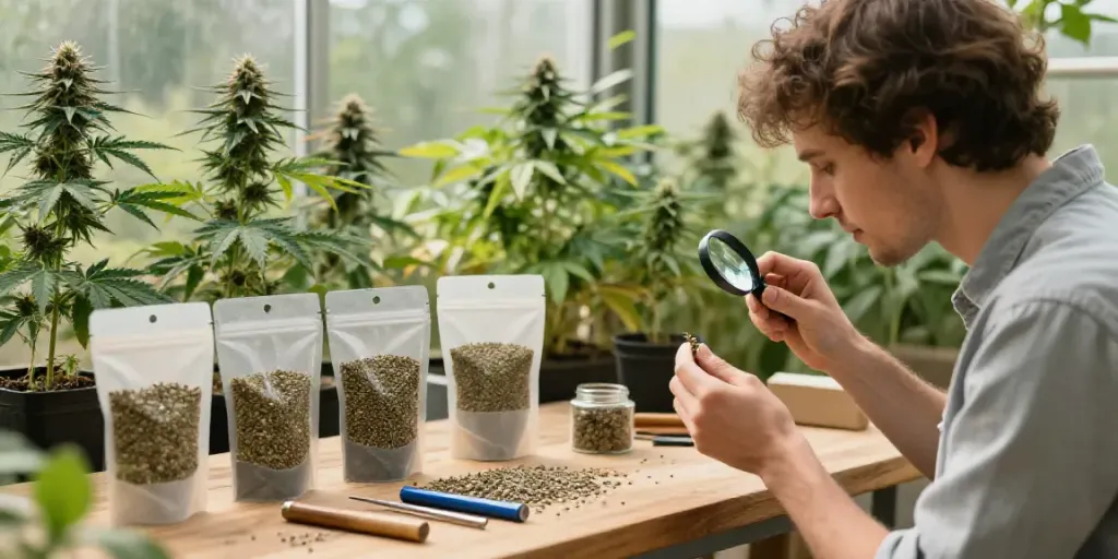 Feminisierte Cannabissamen kaufen in einer gemütlichen Gewächshaus-Szene mit Pflanzen und Anbauwerkzeugen.