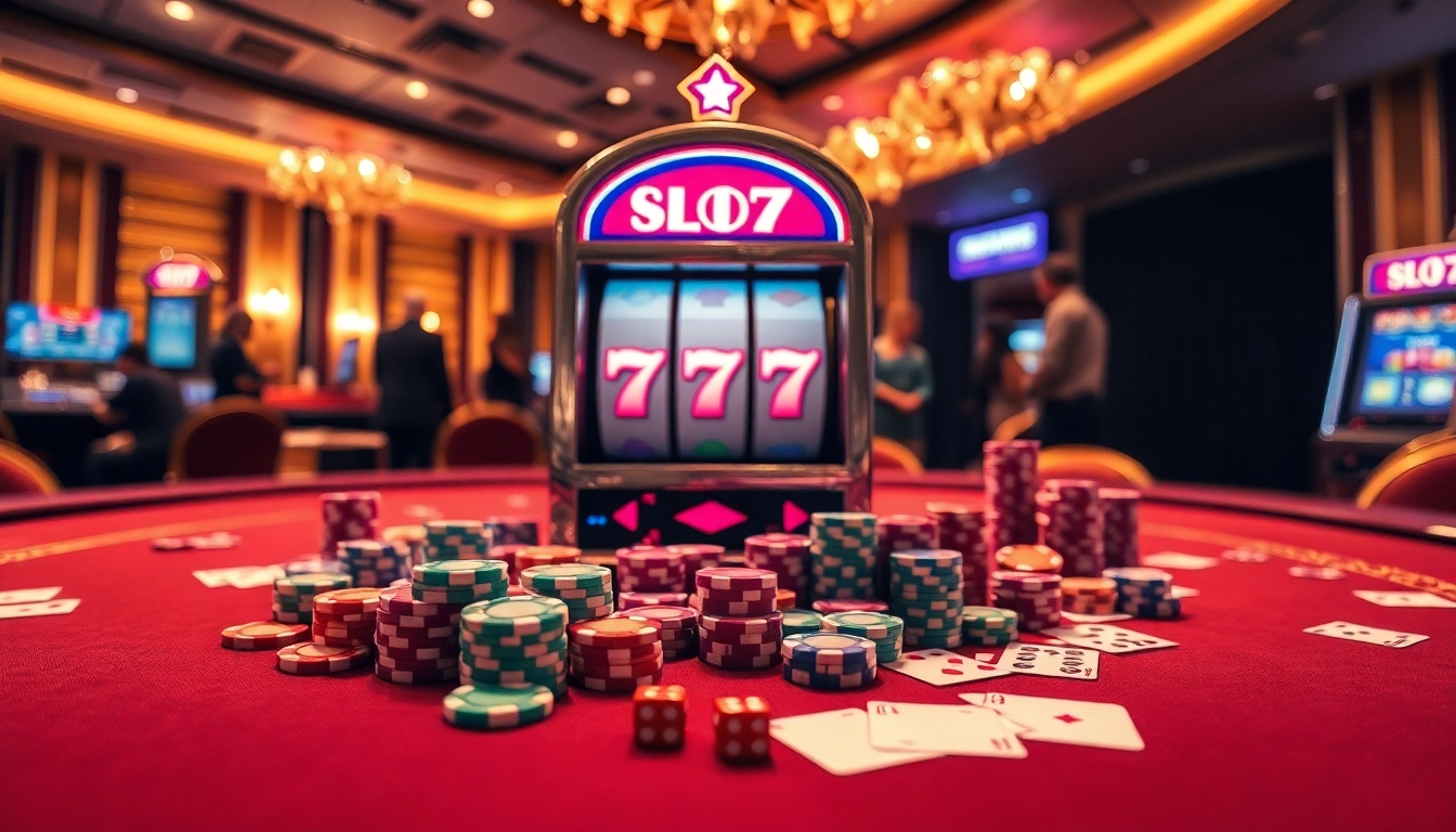 Exciting slot777 gaming experience with vibrant machines and poker chips.