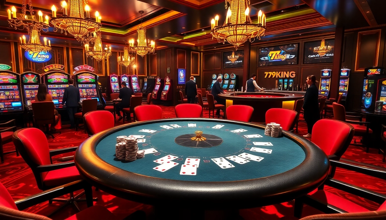 Exciting casino scene showcasing 79king poker chips stacked at a luxurious table.