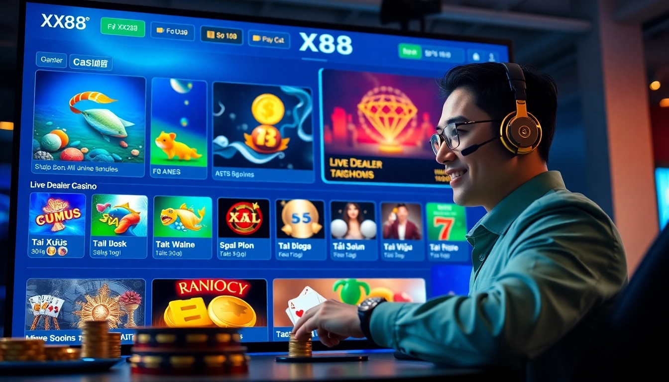 Engaging online gaming interface showcasing XX88 casino games and support.