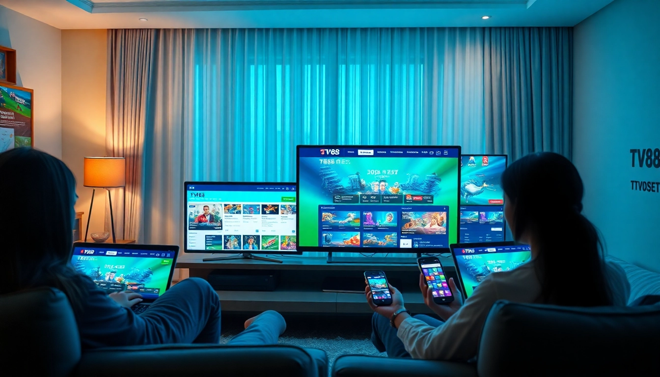 Engaged users exploring the TV88 betting platform on devices, highlighting a dynamic online gaming experience.