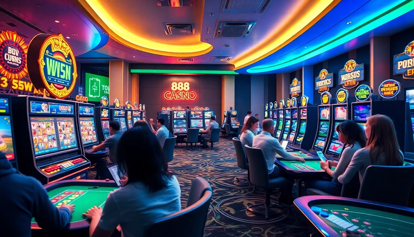 888new online gaming scene showcasing exciting casino games and players engaged in betting.