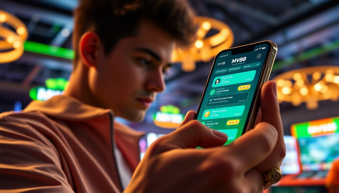 MV88 online gambling app interface on a smartphone showcasing vibrant promotional elements.
