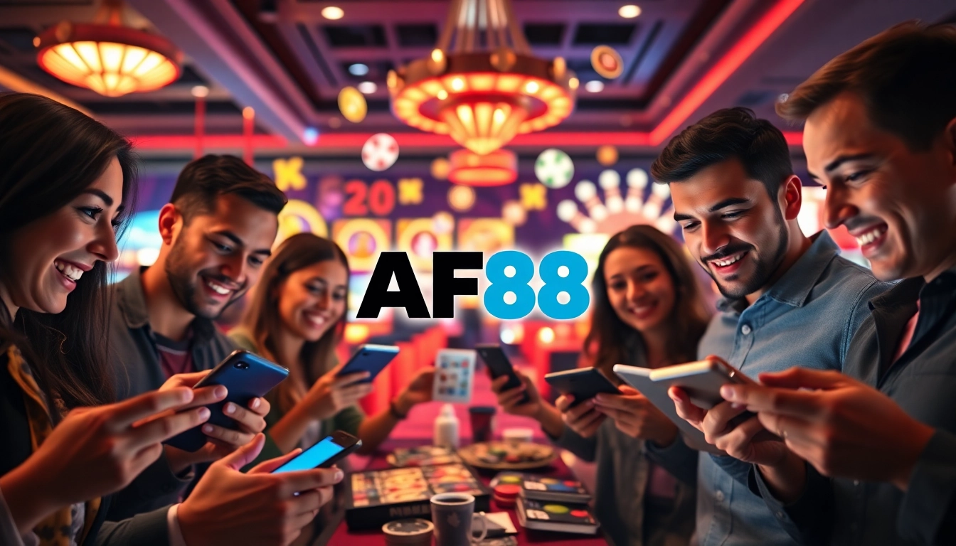 Engaged players using AF88 online betting platform, showcasing excitement with vibrant gaming icons.
