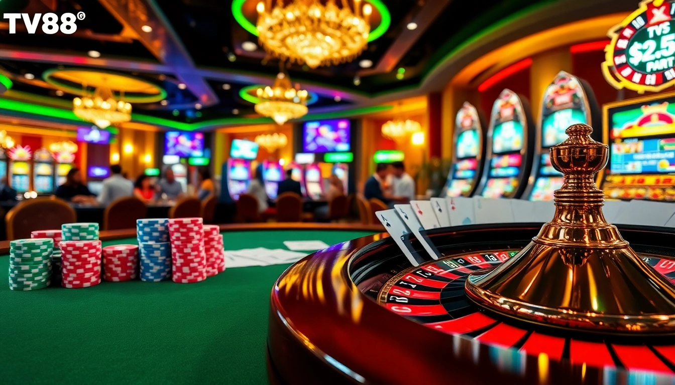 Experience gaming excitement at TV88 with vibrant casino elements like poker chips and roulette wheels.