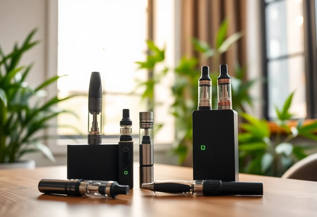 Showcasing Cannabis Vape products with sleek designs and modern aesthetics in a natural setting.