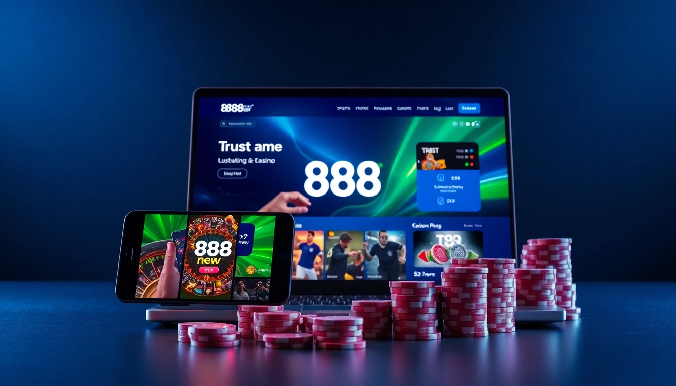 Engaging online gaming scene featuring 888new with a modern interface, casino chips, and a vibrant atmosphere.