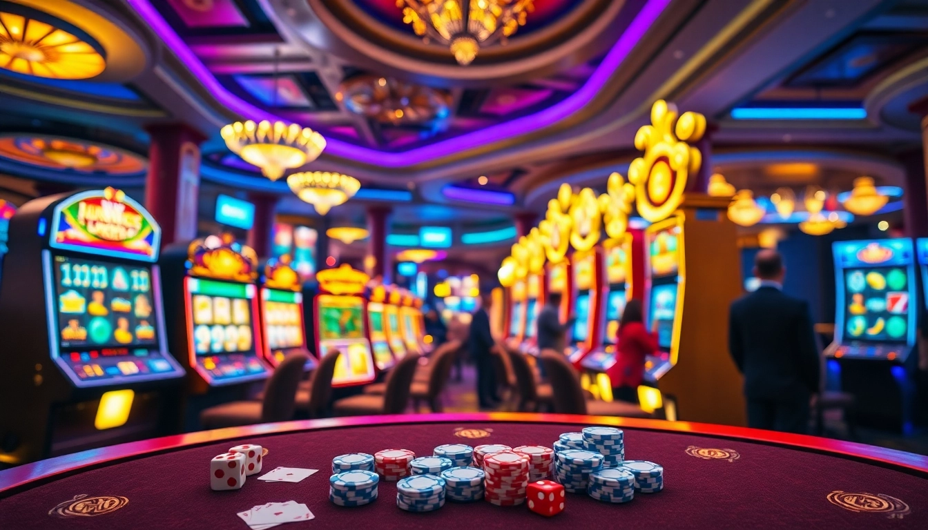 Exciting casino scene featuring SLOTS8 slot machines and colorful poker chips.