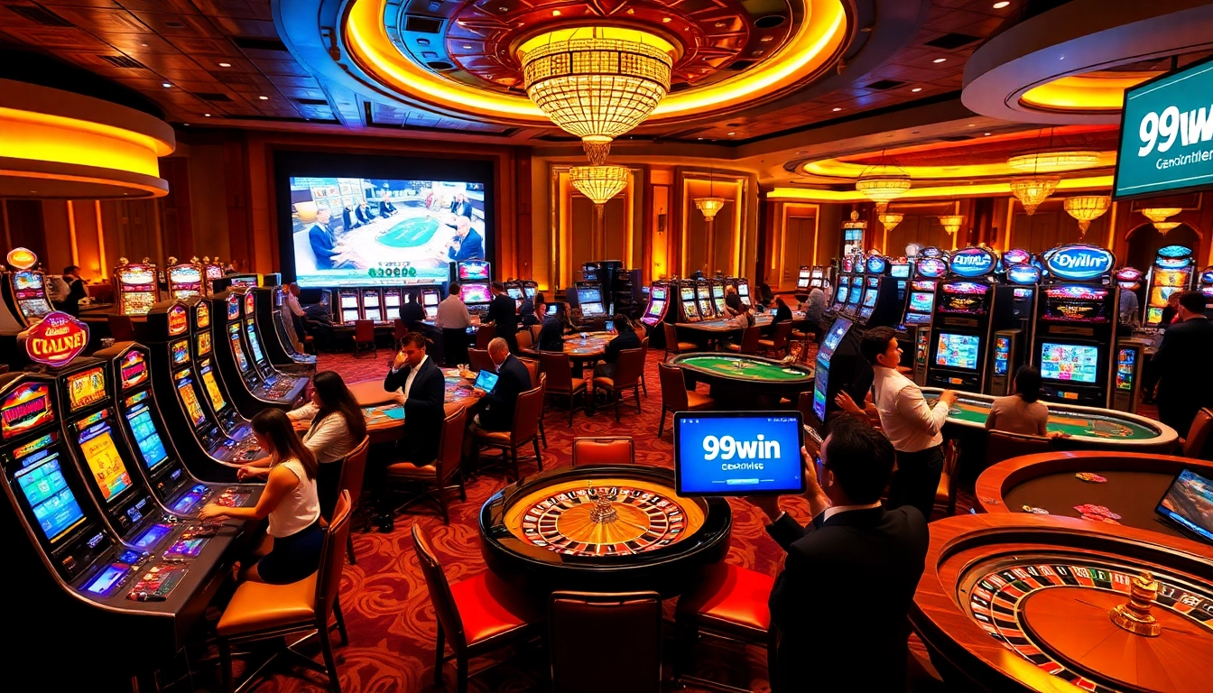 Gambler placing bets at 99win casino tables with vibrant ambiance and slot machines.