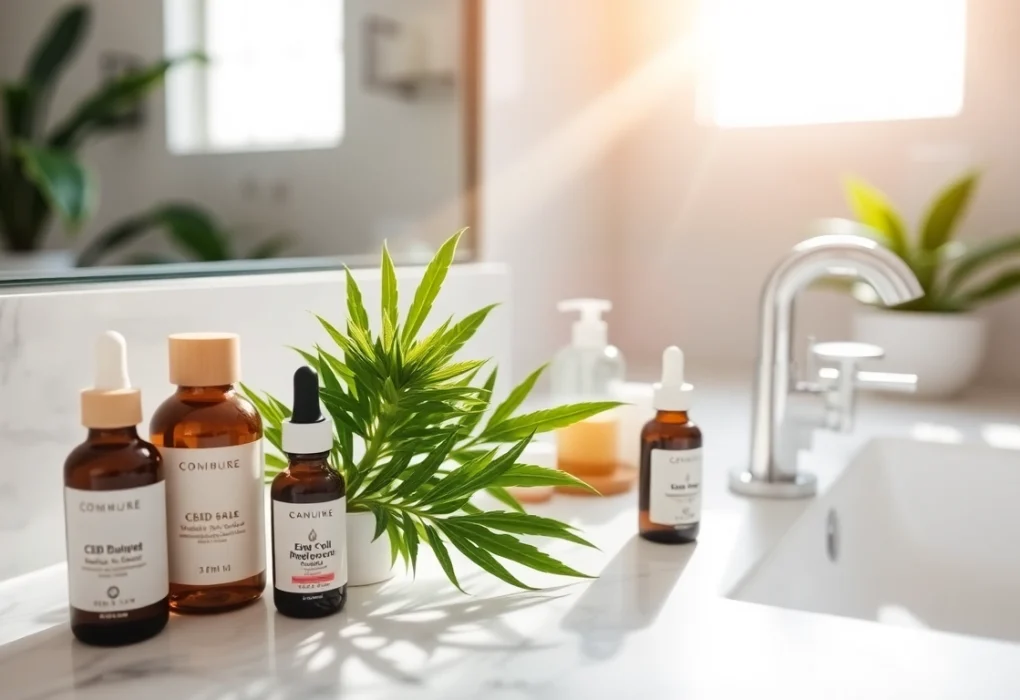 Apply CBD oil for skin with natural skincare products arranged beautifully.