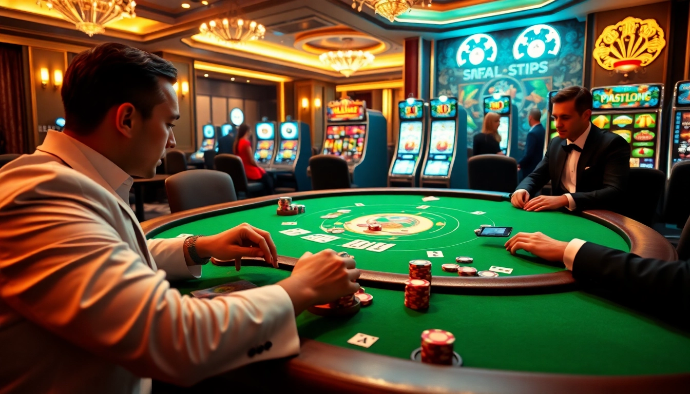 Engaging gambling action at https://babu88.global/ with poker chips and vibrant slot machines.