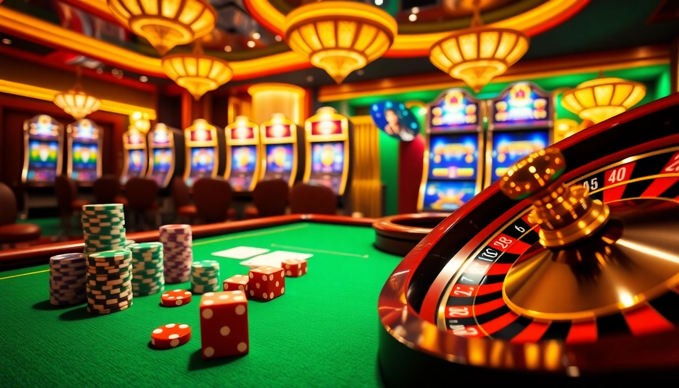 MM88 online gaming scene with vibrant poker chips and a roulette wheel, showcasing excitement in gambling.