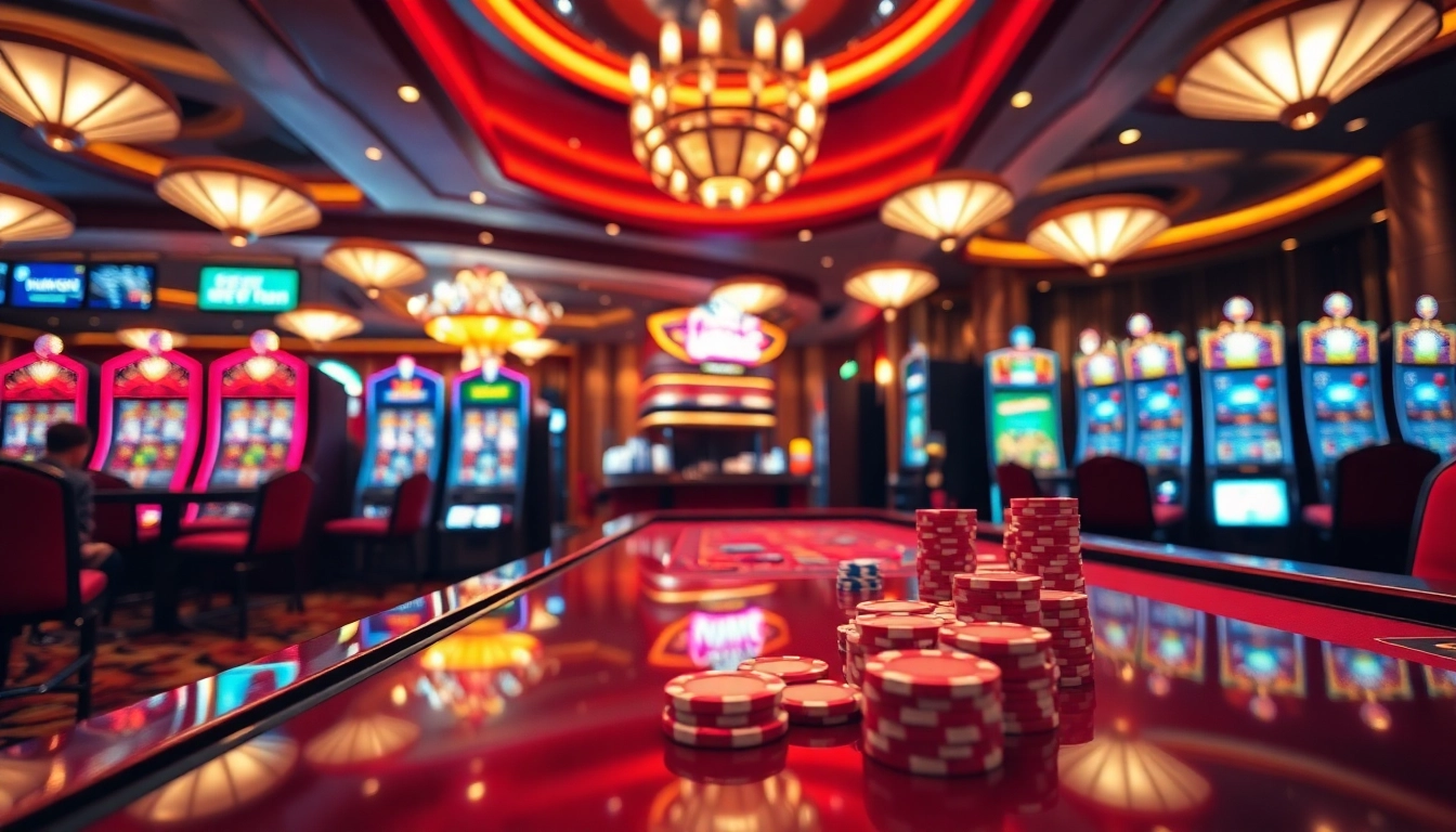 IWIN casino scene featuring vibrant gaming tables and cheerful players enjoying poker and slot machines.