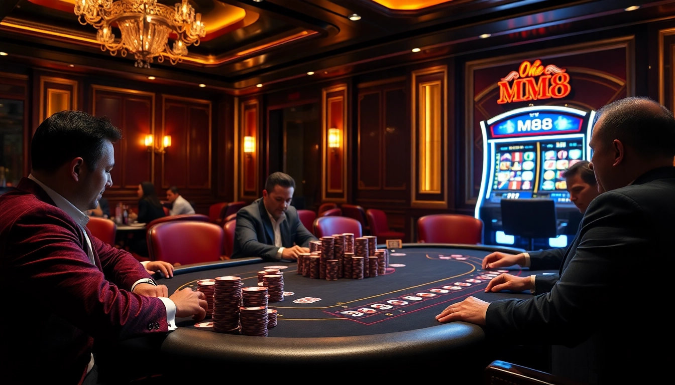Experience the excitement of mm8 at a stylish casino poker table with vibrant poker chips.