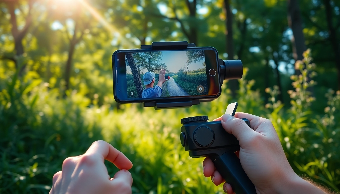 Phone gimbal stabilizing a smartphone for cinematic outdoor filming.