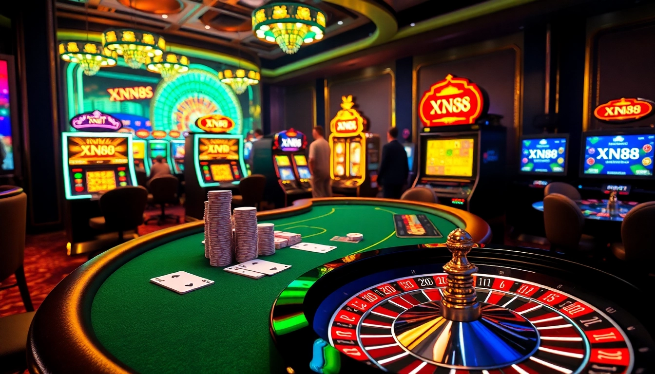 XN88 casino scene showcasing a luxury blackjack table and vibrant slot machines in an exciting gambling environment.
